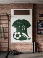 Kişiye özel yeşil metal futbol forması duvar süsü, spor salonu