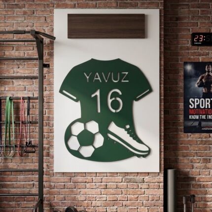 Kişiye özel yeşil metal futbol forması duvar süsü, spor salonu