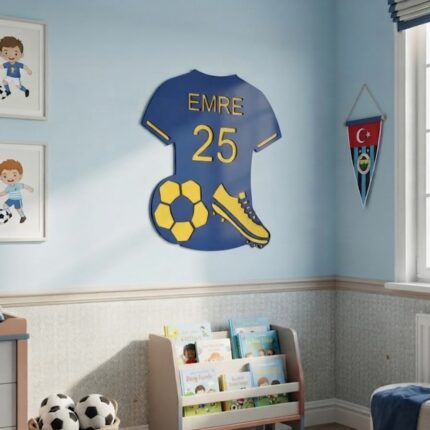 Emre 25 mavi-sarı kişiye özel metal futbol forması, çocuk odası